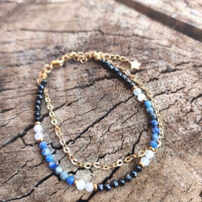 Bracelet Louméa doré Spinelle noir, lapis lazuli , cristal de roche