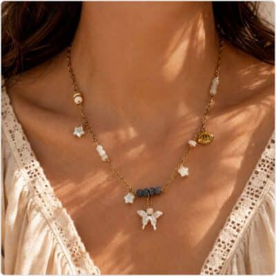 Collier Céleste Aigue Marine, lapis lazuli, Nacre