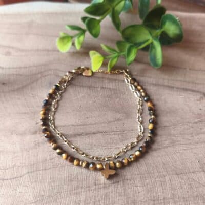 Bracelet fin Oeil de tigre Acier inoxydable doré