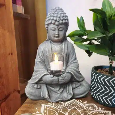 Bouddha ciment avec verre porte bougie
